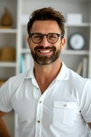 Confident mature Caucasian male professional with beard and glasses wearing white polo shirt smiling warmly in modern office setting with bookshelf background.
