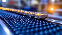 Professional audio mixing console faders and knobs in recording studio, illuminated control surface with shallow depth of field and warm lighting.