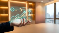Business professional displaying holographic financial data analytics with growth charts and performance metrics in modern office environment.
