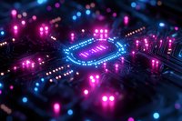 Glowing microchip with neon pink and blue lights on circuit board, futuristic technology concept with digital processing unit in dark background.