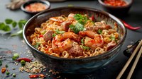 Spicy Asian noodles with shrimp, mushrooms and vegetables in dark ceramic bowl. Fresh herbs garnish, red chili and sesame seeds on black background.
