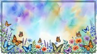 Watercolor spring frame with colorful butterflies and wildflowers on a soft pastel sky background, perfect for cards and invitations.
