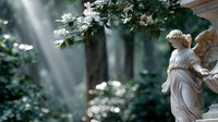 Stone angel statue in peaceful garden with blooming flowers and soft sunlight rays creating serene spiritual atmosphere for memorial and religious concepts.