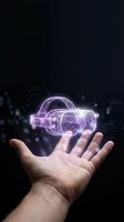 Caucasian male hand holding glowing purple digital car wireframe with particle effects against dark background, representing automotive technology, innovation, and future transportation solutions.