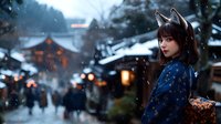 Young Asian woman in blue kimono with fox ears against snowy Japanese temple background with glowing lanterns and winter atmosphere. Mystical evening scene.