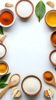 Cooking ingredients frame with spices, salt, oil and herbs arranged in wooden bowls on white background with copy space for culinary designs.