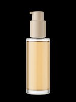 Cosmetic serum or facial oil in clear glass bottle with beige pump dispenser, isolated on transparent background. Ready for beauty product packaging, skincare labels, and design projects.
