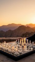 Glass chess set on outdoor terrace at golden hour sunset with mountain landscape backdrop for strategic thinking and leisure concepts.