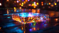 Glowing glass block illuminated by colorful bokeh lights creates magical atmosphere with reflections on wet surface, abstract night photography composition.