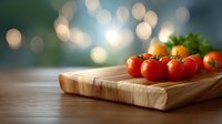 Fresh cherry tomatoes on wooden cutting board against blurred bokeh background with warm glowing lights, food photography for restaurant menu and cooking blogs.