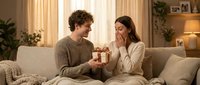 Young Caucasian couple exchanging gift on cozy living room sofa during romantic evening at home with warm lighting and plants creating intimate atmosphere.
