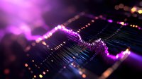 Glowing purple data visualization with dynamic wave pattern and bokeh lights, showing financial or audio statistics on dark background with neon effect.