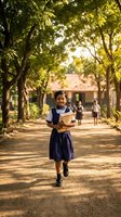 Happy African schoolgirl in uniform walking on tree-lined path carrying books with classmates in background during golden hour sunlight for education concepts.
