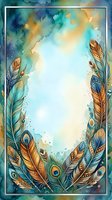 Watercolor feather frame with peacock plumes and decorative border on textured background for bohemian design projects and artistic compositions.