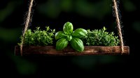 Fresh herbs growing in rustic wooden hanging planter with rope against dark background, featuring basil and thyme plants in moody lighting style.