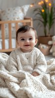 Smiling baby in white knitted sweater sitting on cozy bed with warm blanket. Nursery interior with bokeh lights and houseplant in background creates gentle atmosphere.