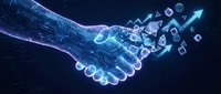 Digital handshake with glowing data particles and network connections representing business partnership and technological collaboration in cyberspace.