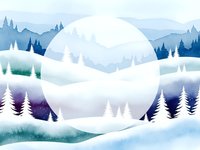 Winter mountain landscape with snow-covered pine trees and rolling hills in watercolor style for seasonal designs and holiday decorations.