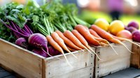 Fresh organic vegetables including carrots, beets and leafy greens displayed in wooden crates at farmers market for healthy cooking and nutrition.