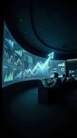 Team of business professionals analyzing financial data on large curved digital display with glowing charts and upward trending arrow in modern control room environment.