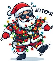 Cartoon Santa Claus tangled in colorful Christmas lights wearing sunglasses saying jitters, holiday stress humor illustration for greeting cards and festive designs.