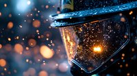 Dramatic close-up of futuristic helmet visor reflecting glowing particles and bokeh lights against dark background, creating atmospheric sci-fi mood for gaming or movie concepts.