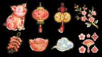 Cute lucky cat figurine with red and gold Asian lanterns, decorative ornaments, and floral elements isolated on transparent background. Ready for t-shirt design, stickers, clipart, sublimation, and print-on-demand products.