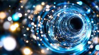 Glowing blue spiral tunnel with light particles and bokeh effects creates futuristic technology concept for digital transformation and quantum computing backgrounds.