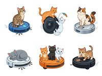 Cats riding on robotic vacuum cleaners, isolated on white background, ready for design use on merchandise, apparel, and clipart applications.