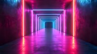 Futuristic neon tunnel with glowing pink and blue rectangular frames creating infinite perspective. Reflective floor adds depth to geometric light installation.