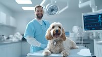 Caucasian male veterinarian in scrubs with happy goldendoodle dog patient on examination table in modern veterinary clinic with medical equipment and monitors.