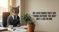 Business cat in suit at office desk with coffee and papers making skeptical expression about thinking outside the box while working indoors.
