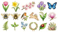 Watercolor spring and garden elements including tulips, daffodils, cherry blossoms, irises, butterflies, bees, robin, rabbit, fern, forget-me-nots, ladybug, and snail isolated on white background for design projects.