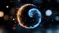 Magical spiral made of golden and blue glowing particles swirling in dark space with bokeh lights creating mystical cosmic atmosphere.