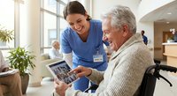 Young female healthcare worker in blue scrubs assisting elderly Caucasian man in wheelchair with tablet computer in bright modern care facility.