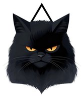 Grumpy black cat face with glowing yellow eyes and fluffy fur on white background, isolated character for Halloween designs and decorative elements.