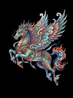 Ornate mythical winged horse with dragon features, rich red, blue, and green tones, isolated on transparent background, ready for t-shirt design, stickers, and print on demand.
