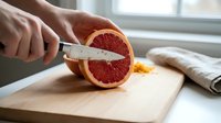 Caucasian hand slicing fresh grapefruit with knife on wooden cutting board in bright kitchen, food preparation and healthy eating concept.