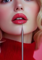 Close-up of bright red lips with makeup brush application detail, blonde hair and red turtleneck sweater against pink background. Professional beauty and cosmetics concept.