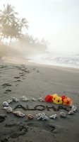 Aloha written in sand surrounded by seashells and hibiscus flowers on a tropical beach with palm trees in misty background.