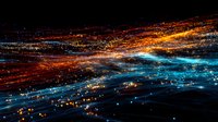 Abstract digital energy waves with glowing particles and light streaks in orange and blue colors creating dynamic motion effect for technology backgrounds.