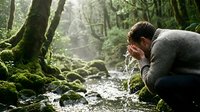Young Caucasian man drinking fresh water from natural mountain stream in lush green forest with moss-covered rocks and trees for outdoor adventure content.
