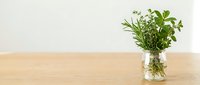 Fresh green herbs in glass jar on wooden table against neutral wall background for kitchen decor and culinary design projects.