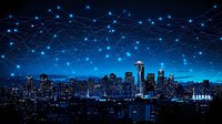 Night cityscape with glowing network connections above urban skyline, illuminated buildings against dark blue sky with digital constellation pattern for technology concept.