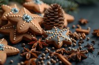 Festive gingerbread star cookies decorated with sugar pearls, pine cones, star anise, and cinnamon sticks on dark background, macro food photography.