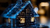 Glowing digital house wireframe with binary code pattern against dark background illustrates smart home technology and IoT concept for real estate innovation.