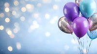 Festive bunch of purple, turquoise and glitter-filled transparent balloons floating against blurred bokeh lights background, creating magical party atmosphere.
