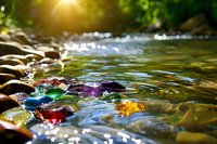 Colorful gemstones scattered in shallow crystal clear stream water with sunlight filtering through trees creating magical bokeh effects and peaceful ambiance.