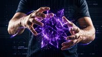 Businessman hands protecting glowing purple digital energy sphere with network connections on dark technology background for innovation concepts.