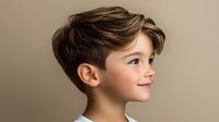 Young Caucasian boy with stylish brown hair and highlights smiling against neutral beige background, showcasing modern children's haircut for salon advertising.